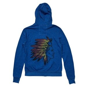 Aviator Nation Native American Indian Head Blue Full Zip Fleece Hoodie Womens L